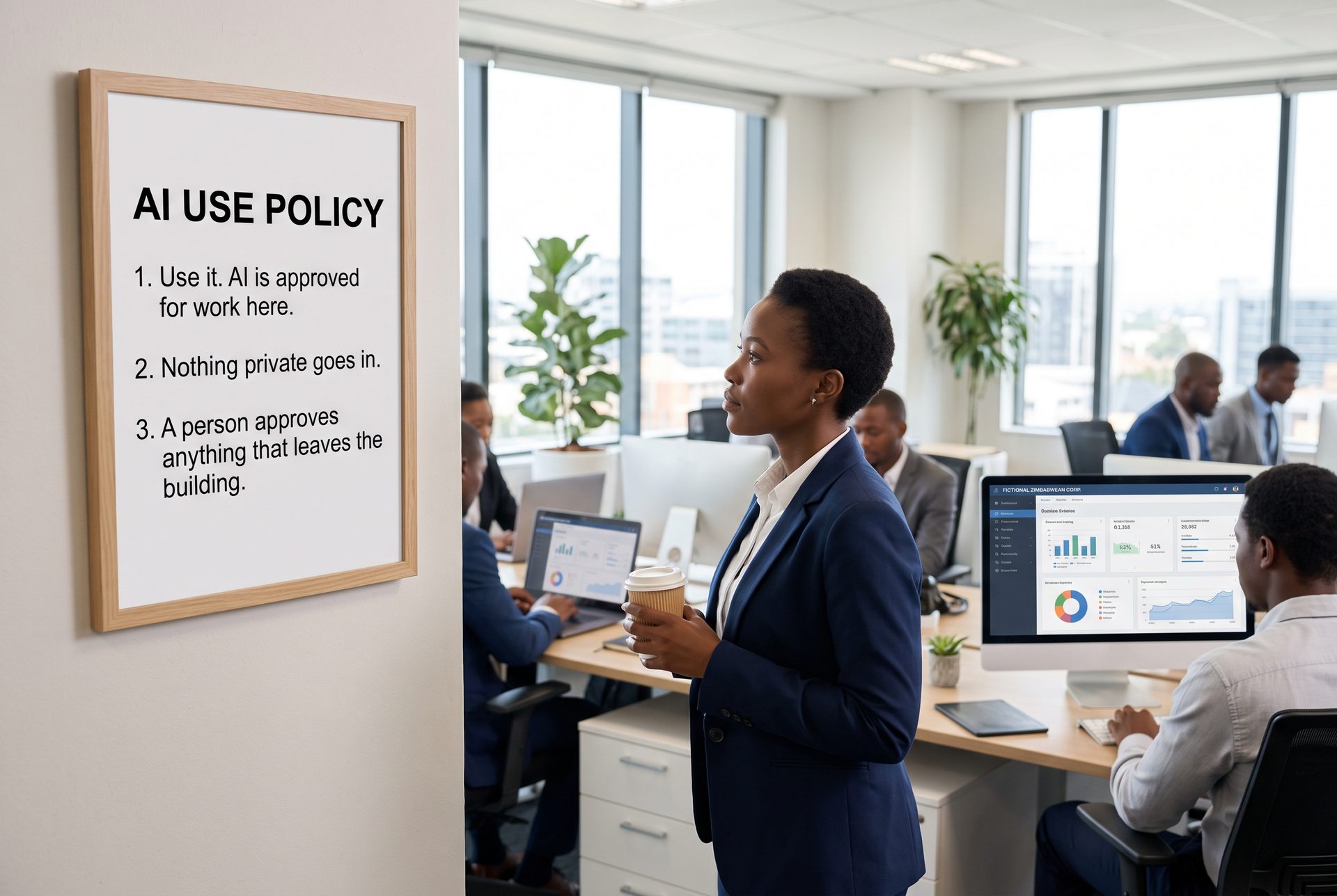 A printed AI policy hanging framed on an office wall