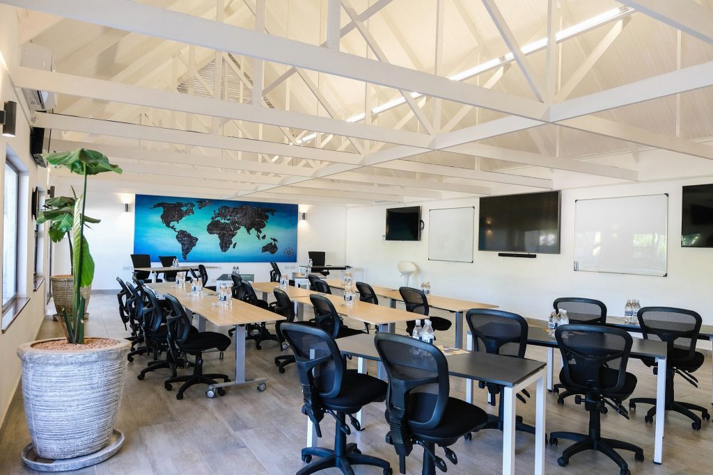 A room of people working, seen over the backs of the chairs