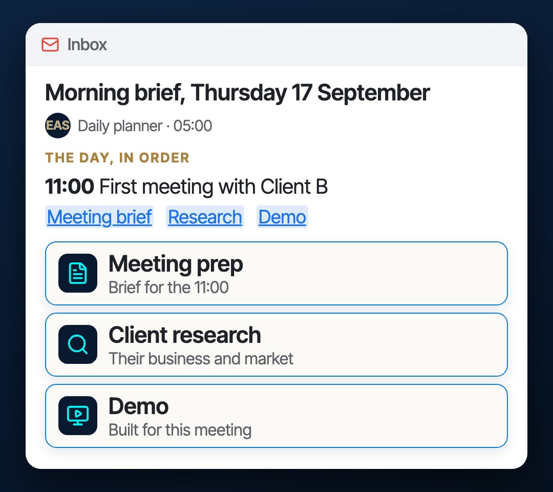 The morning brief with links to meeting prep, client research and a demo.