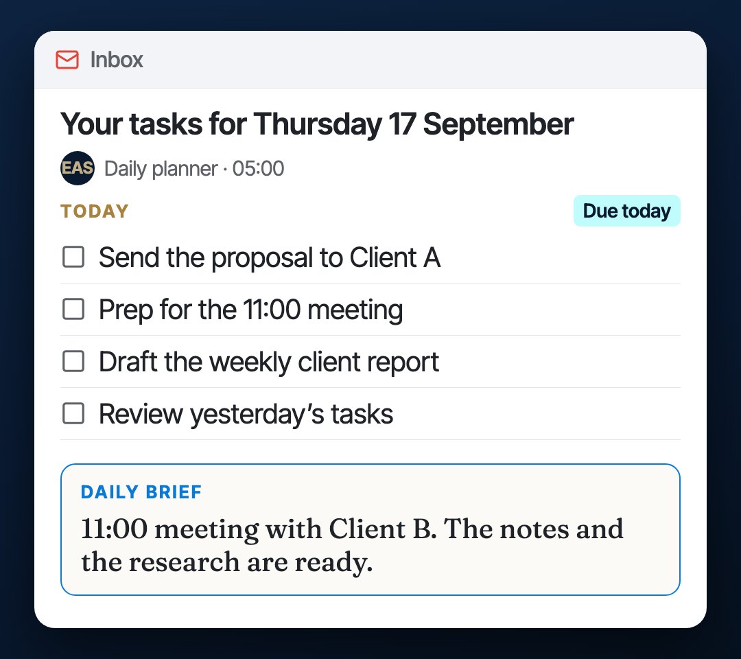 The morning email with today's tasks and the daily brief.