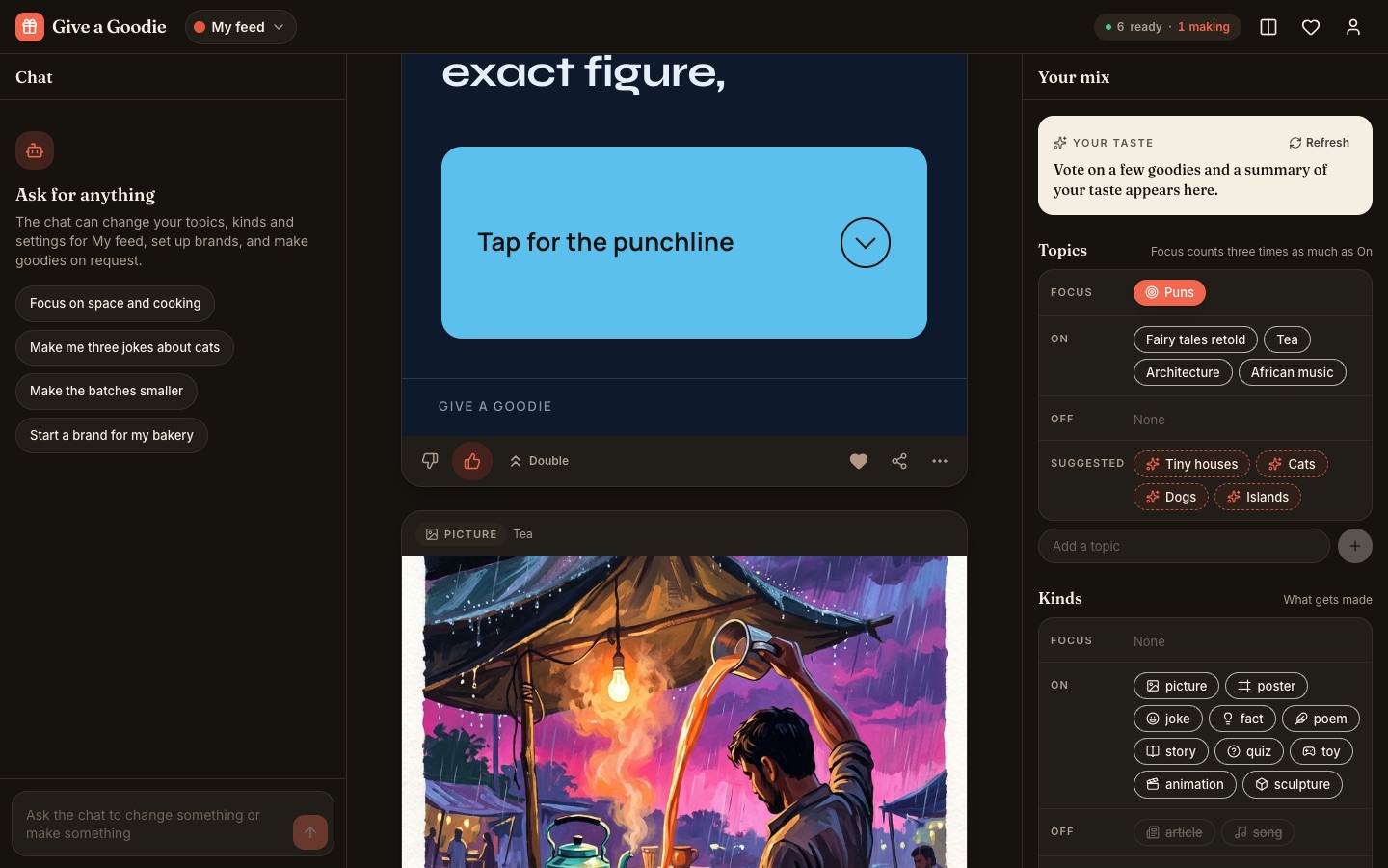 Give a Goodie in a browser: the chat on the left, the feed of goodies in the middle, and the topics set to Focus, On and Off on the right.
