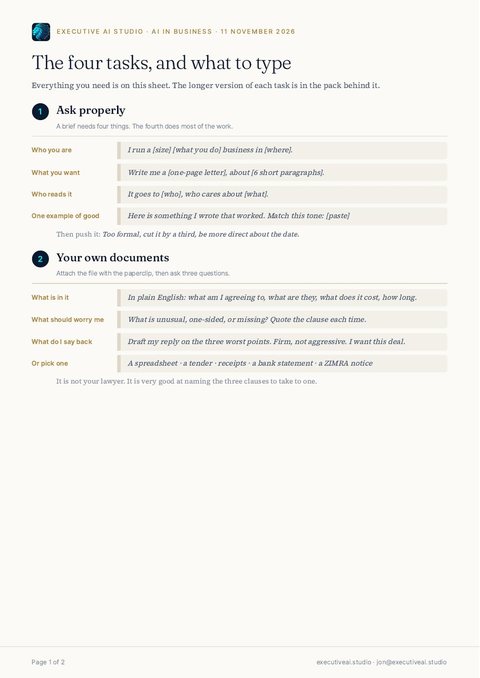 Page one of What to type for each task