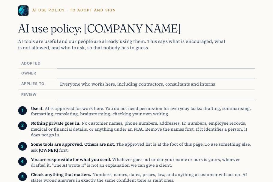 The one-page AI use policy, with a blank for the company name