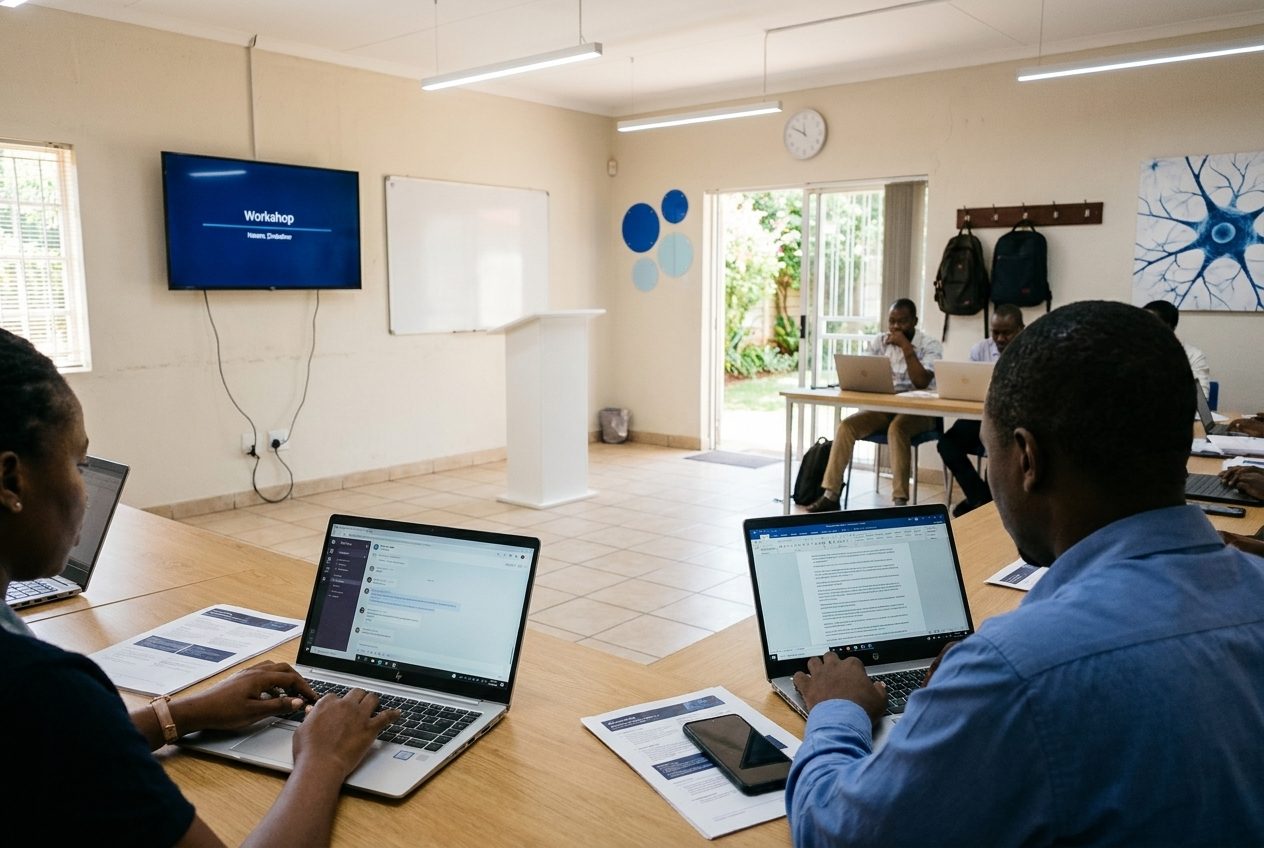 AI image: two attendees working on their own laptops in the workshop room