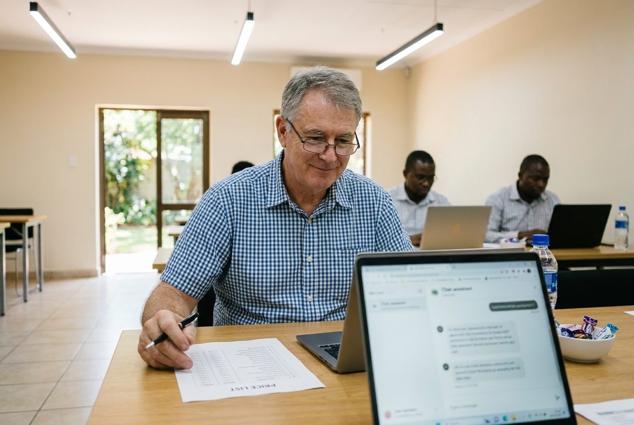 AI image: a business owner working through his printed price list at his laptop