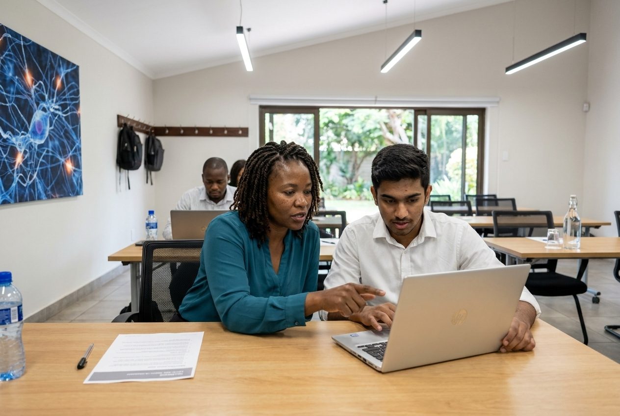 AI image: two attendees working together on one laptop