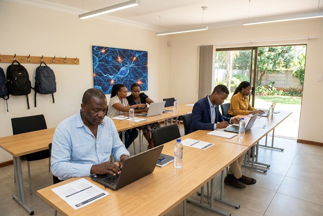 AI image: business owners and managers working on laptops in the workshop room at Sabre Business World