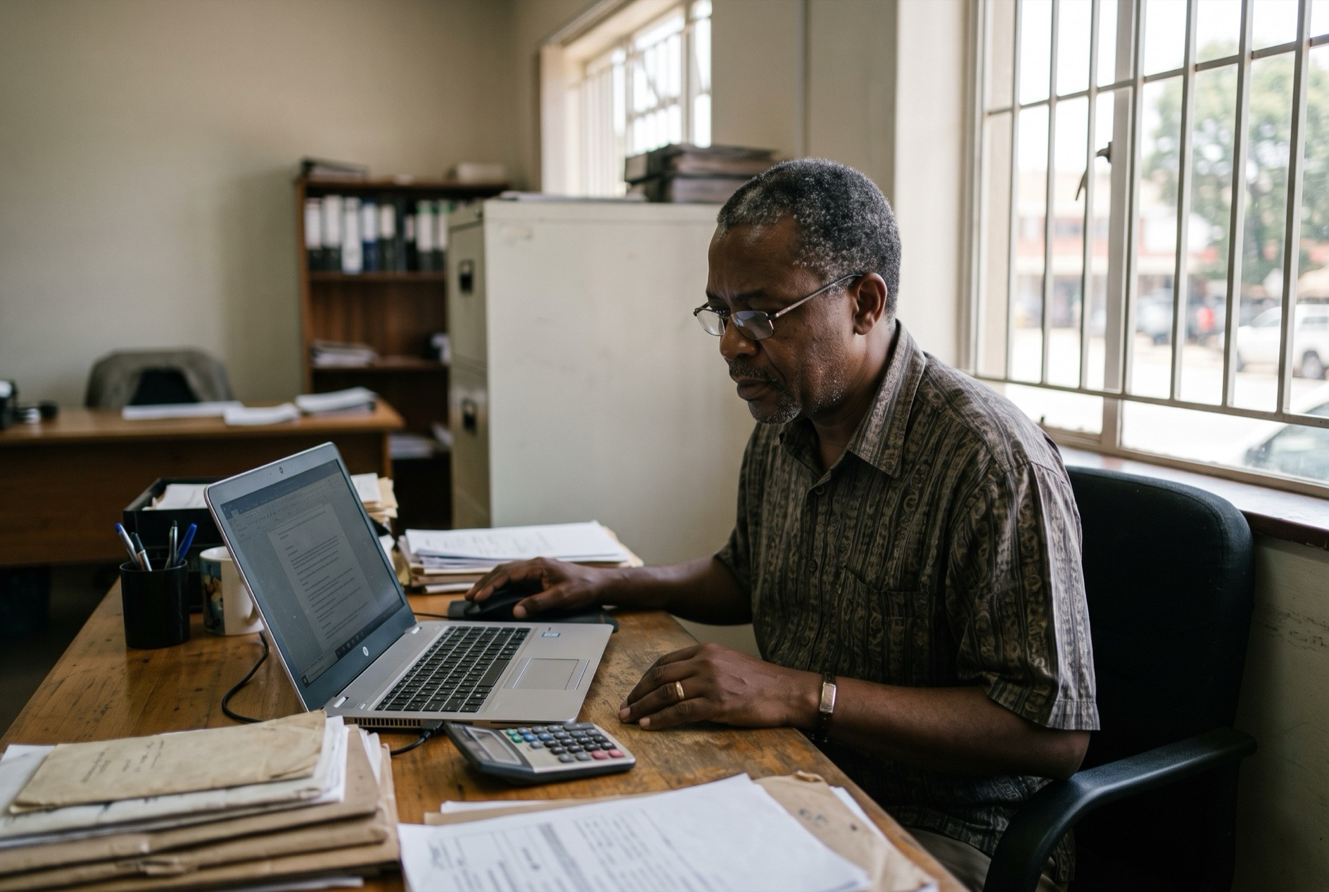 A business owner working on a laptop at his desk, among his own files